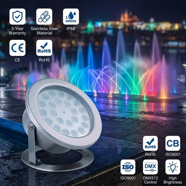 Dirije IP68 anba dlo limyè 12V 24V RGB 304 Nerjaveèi asye Submersible Spotlight pou Pond Fountain